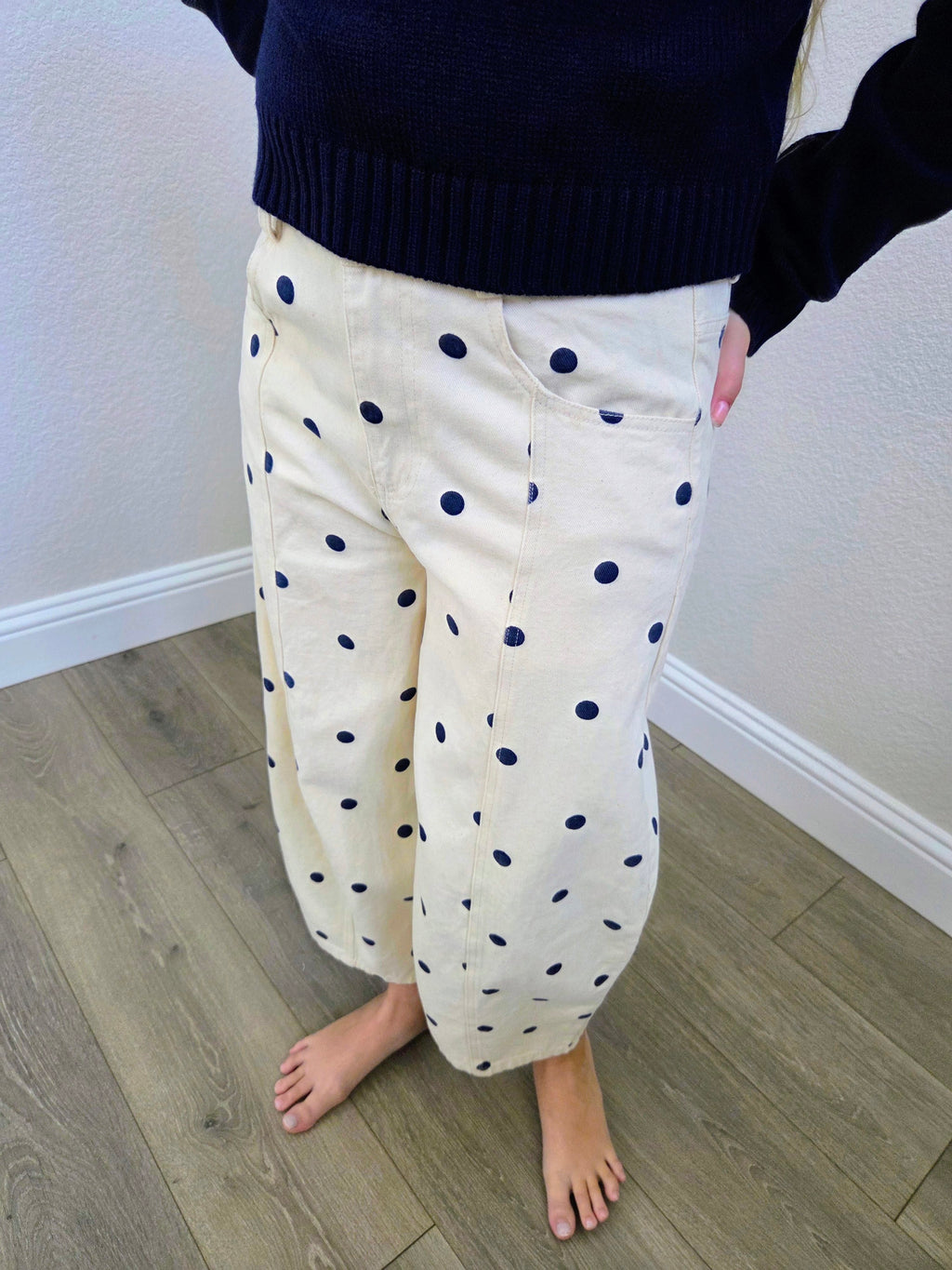 Dottie Cream Polka Dot Barrel Denim Pant