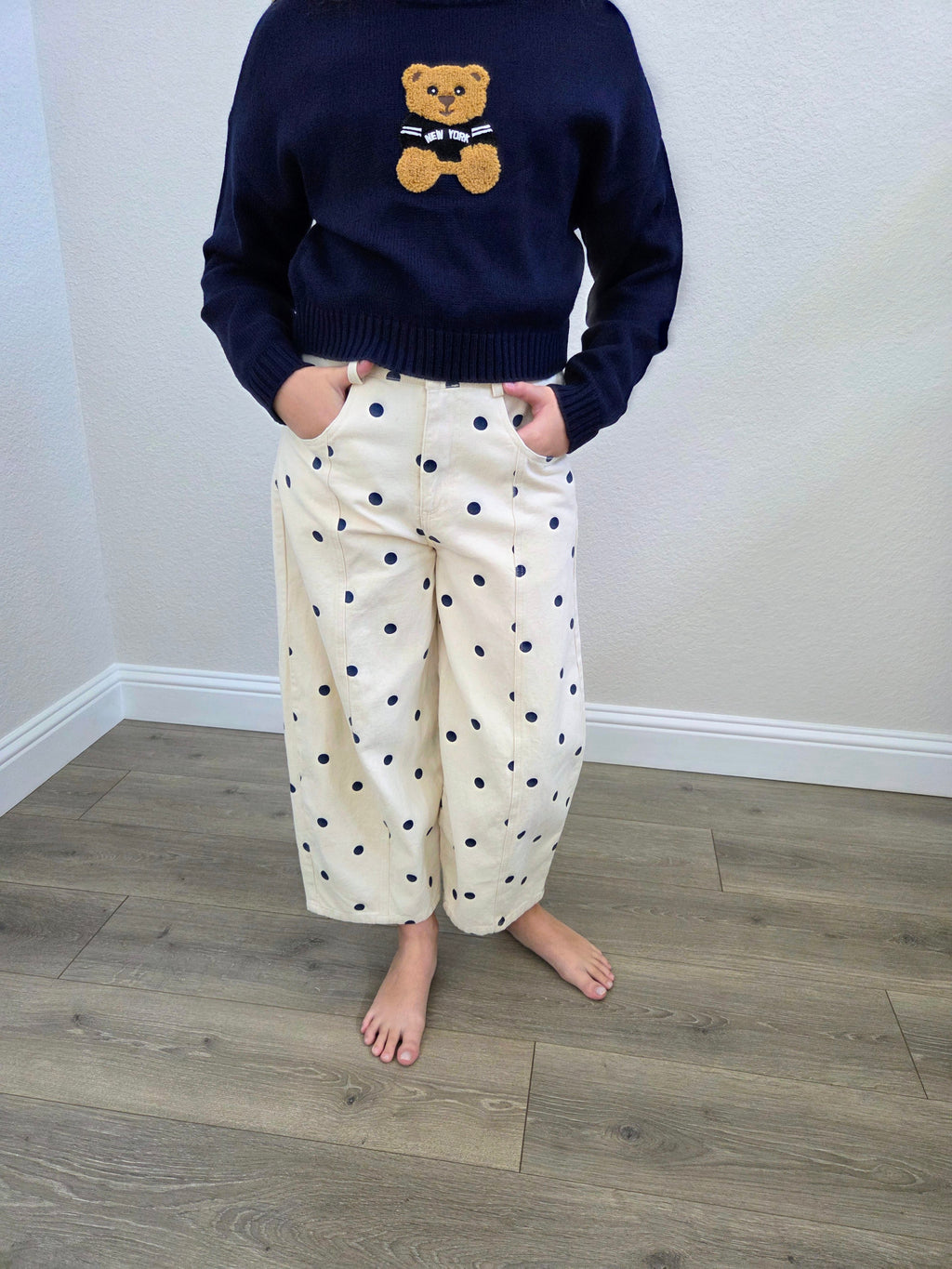 Dottie Cream Polka Dot Barrel Denim Pant