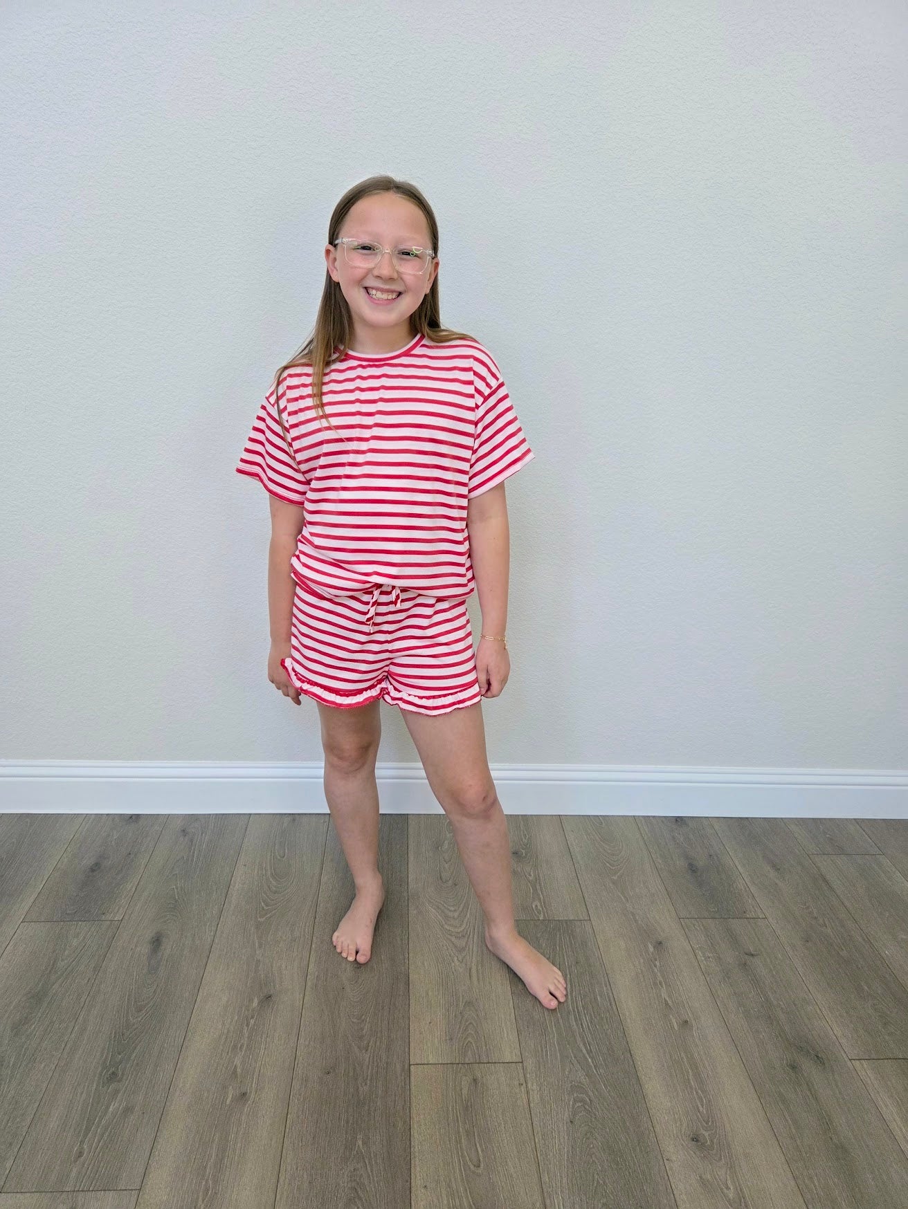 Red Stripe Top and Ruffle Short Set