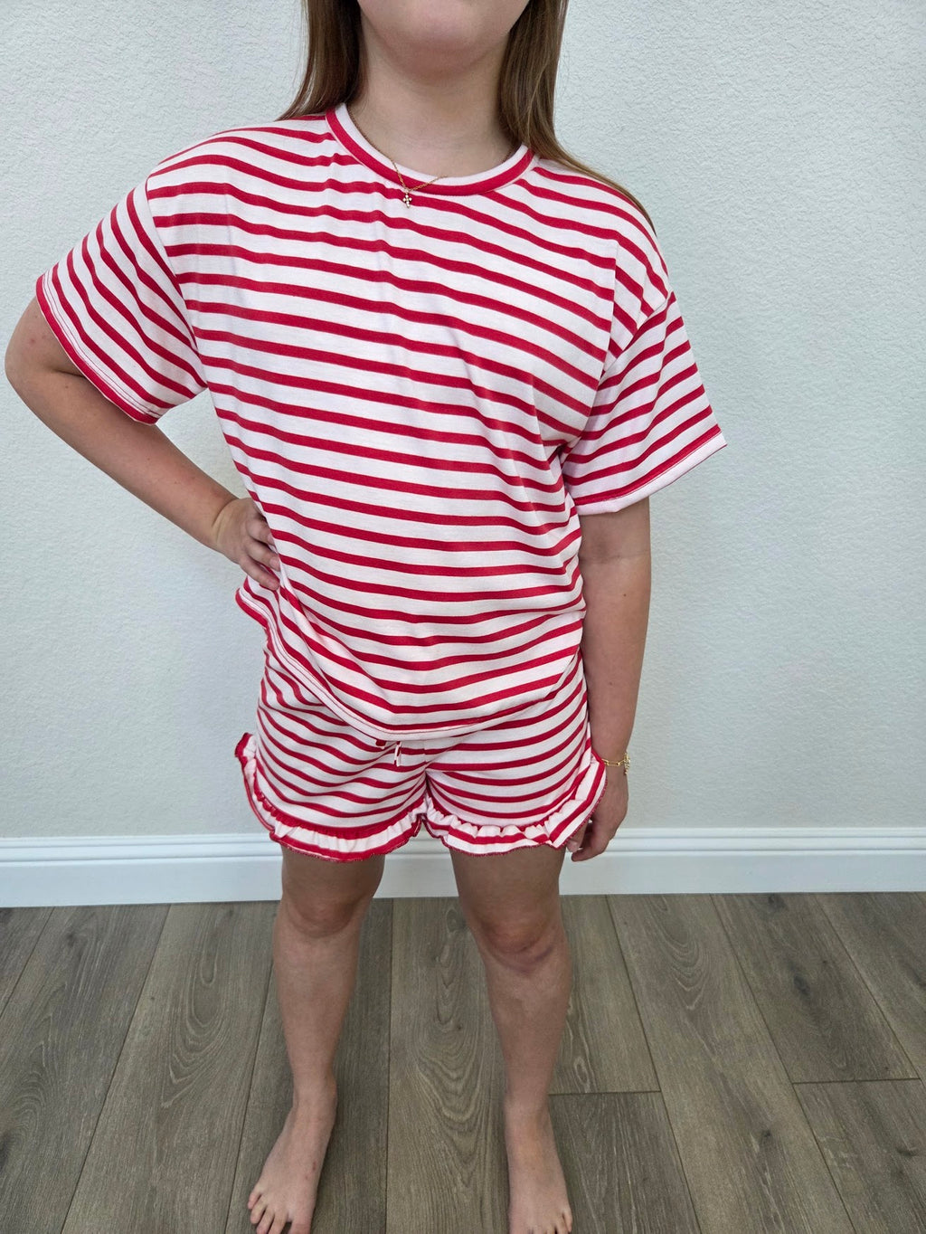 Red Stripe Top and Ruffle Short Set