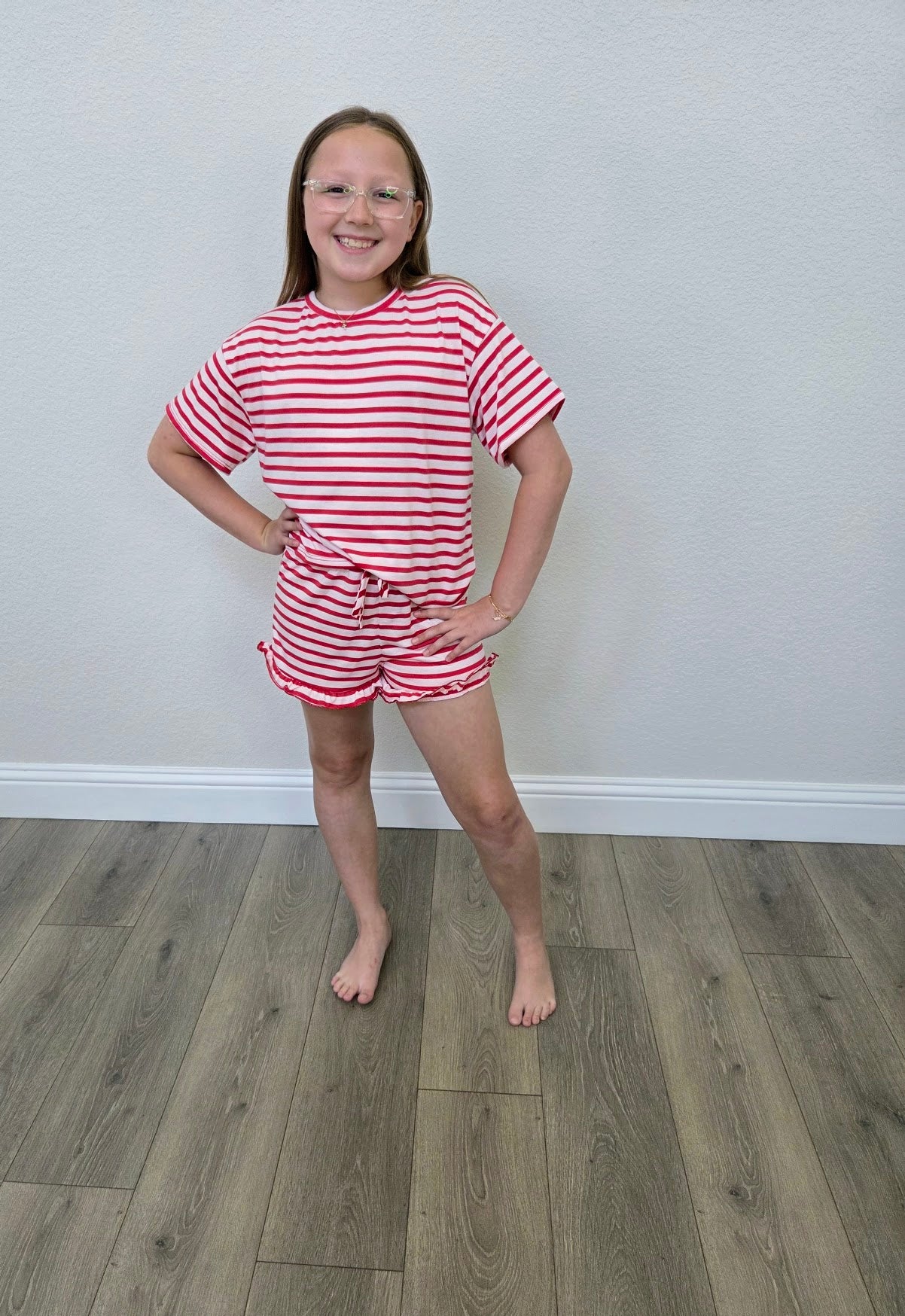 Red Stripe Top and Ruffle Short Set