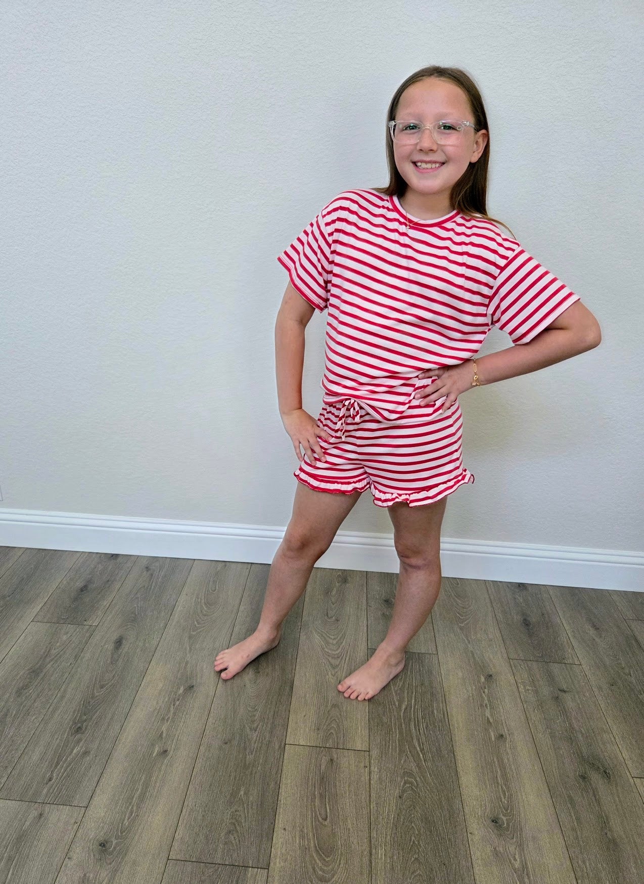 Red Stripe Top and Ruffle Short Set