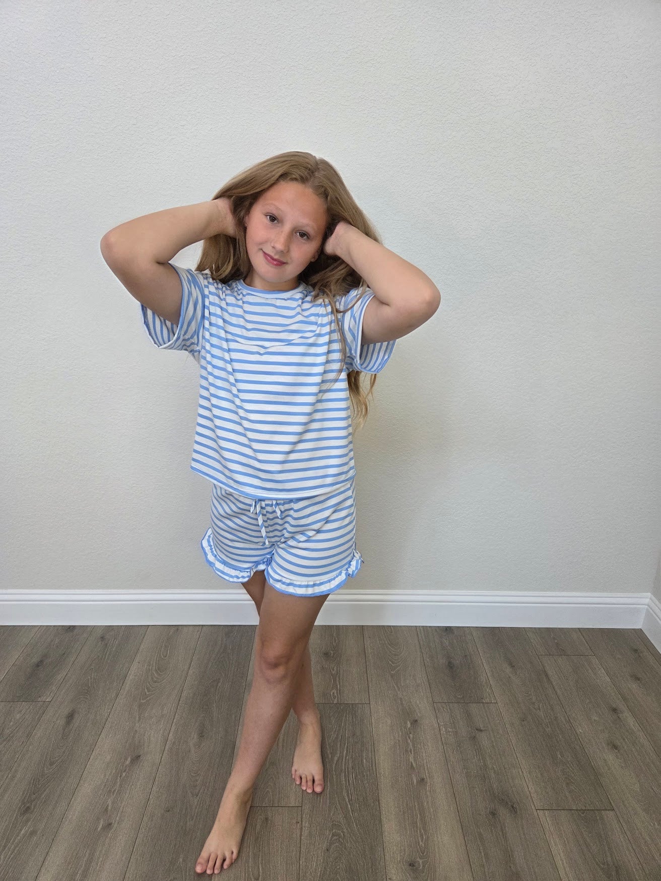 Blue Stripe Top and Ruffle Short Set