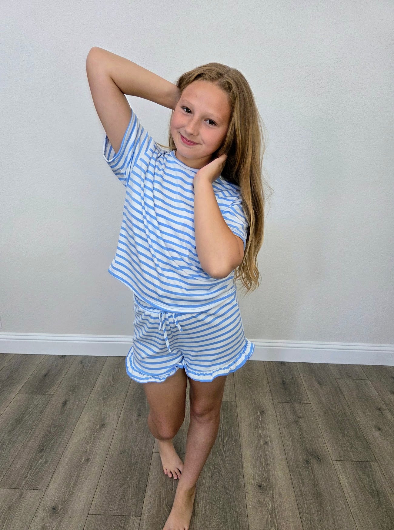 Blue Stripe Top and Ruffle Short Set