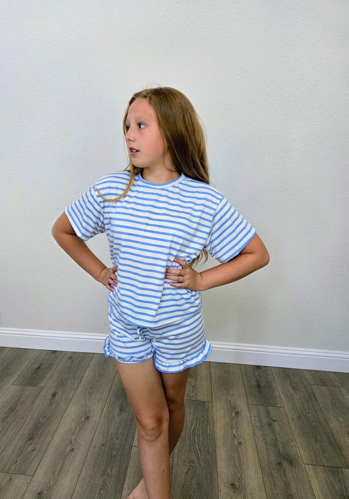 Blue Stripe Top and Ruffle Short Set