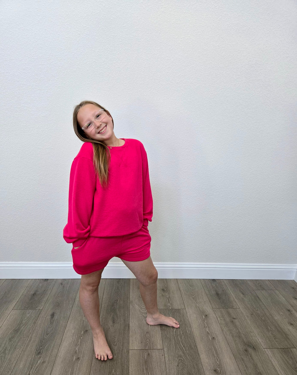 Cotton French Terry Sweatshirt and Short Set Hot Pink